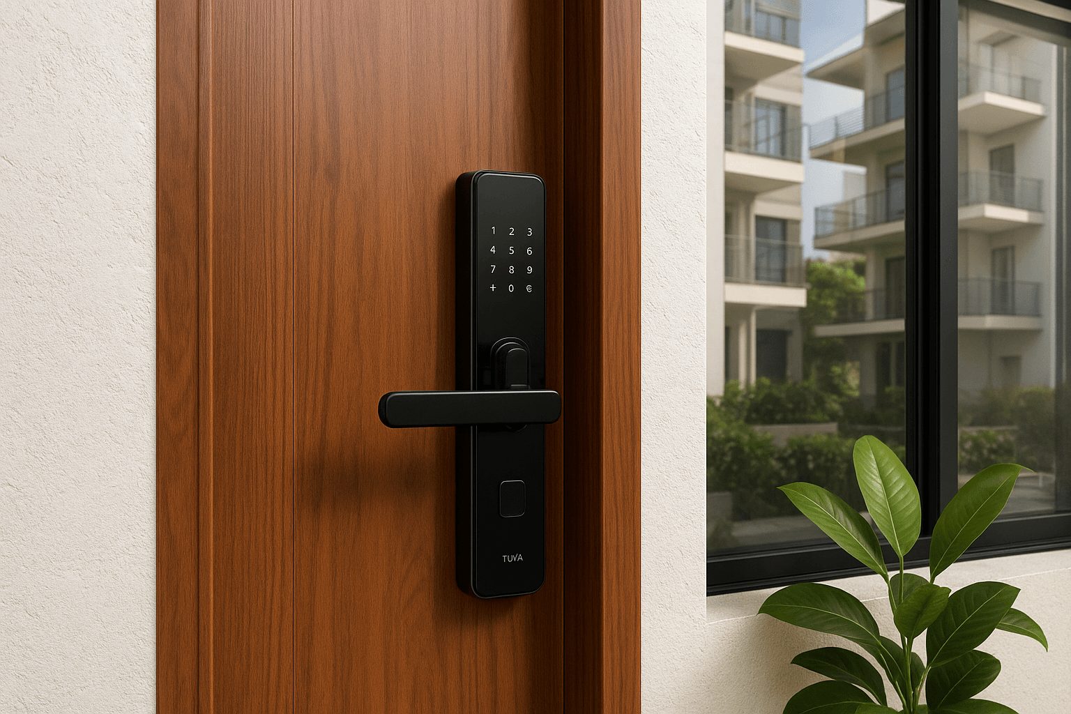 Modern smart home entrance with TUYA WiFi door lock installed in Lagos Nigeria